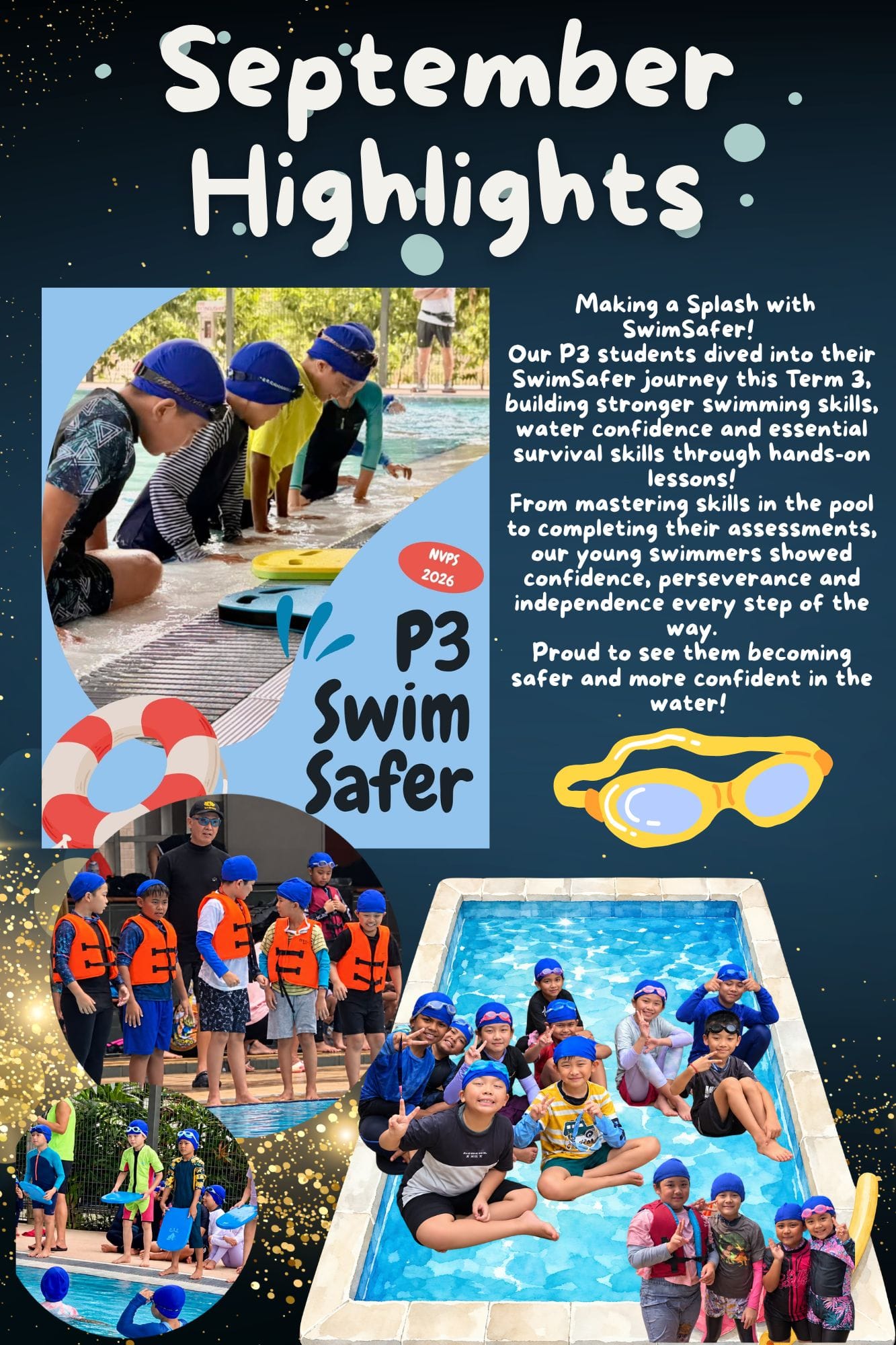 “September Highlights” collage featuring North View Primary School’s P3 SwimSafer programme. Photos show students in swimming caps and goggles practising at the poolside, wearing life jackets with an instructor, holding kickboards and posing together. The accompanying text celebrates their development of swimming and survival skills, water confidence, perseverance and independence during Term 3.