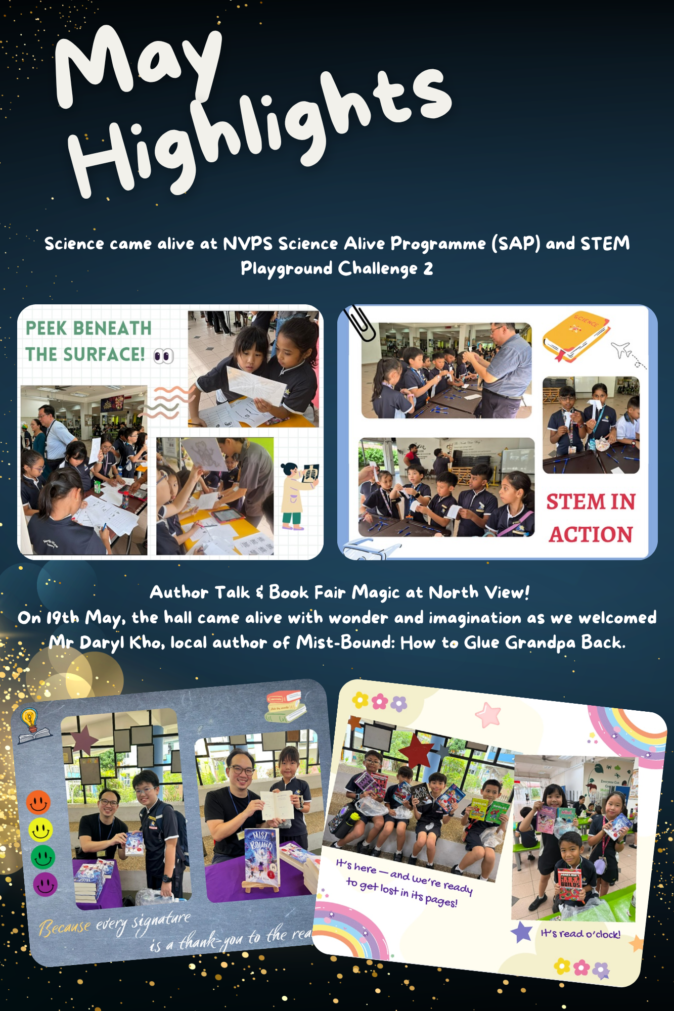 School newsletter showing May highlights with students doing STEM activities and an author book fair event.