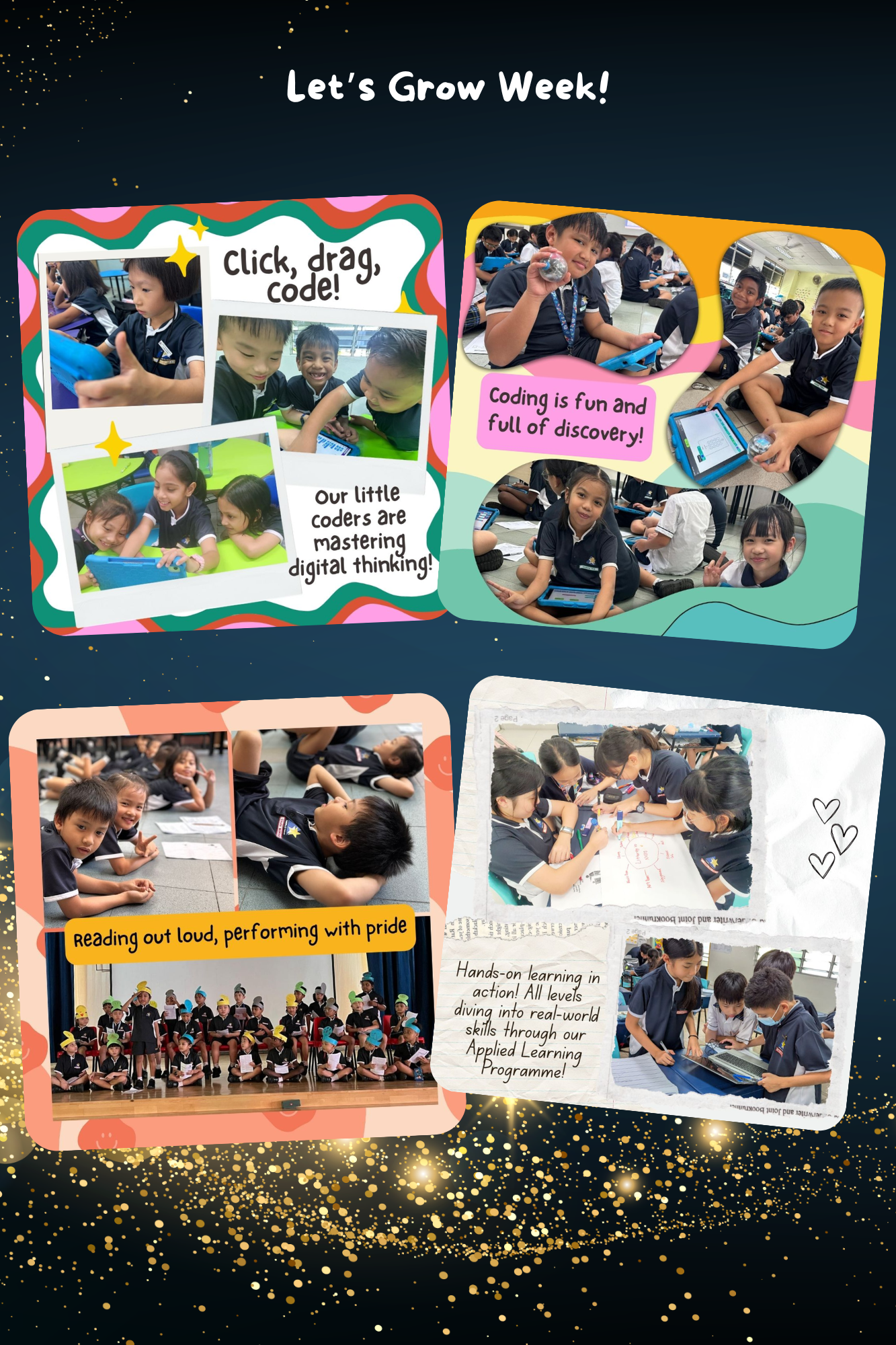 A school event poster titled Let's Grow Week showing children coding on tablets, reading aloud, and doing hands-on activities.