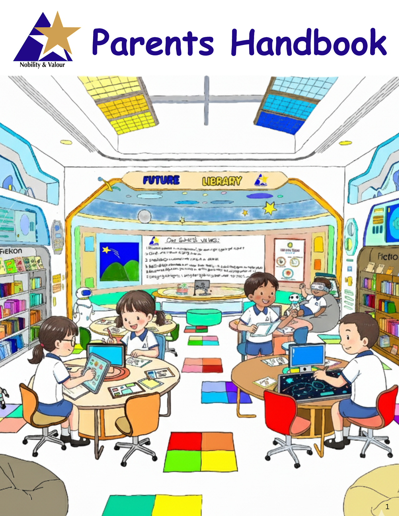 Illustrated cover of the North View Primary School Parents' Handbook featuring children using tablets in a colourful Future Library classroom.