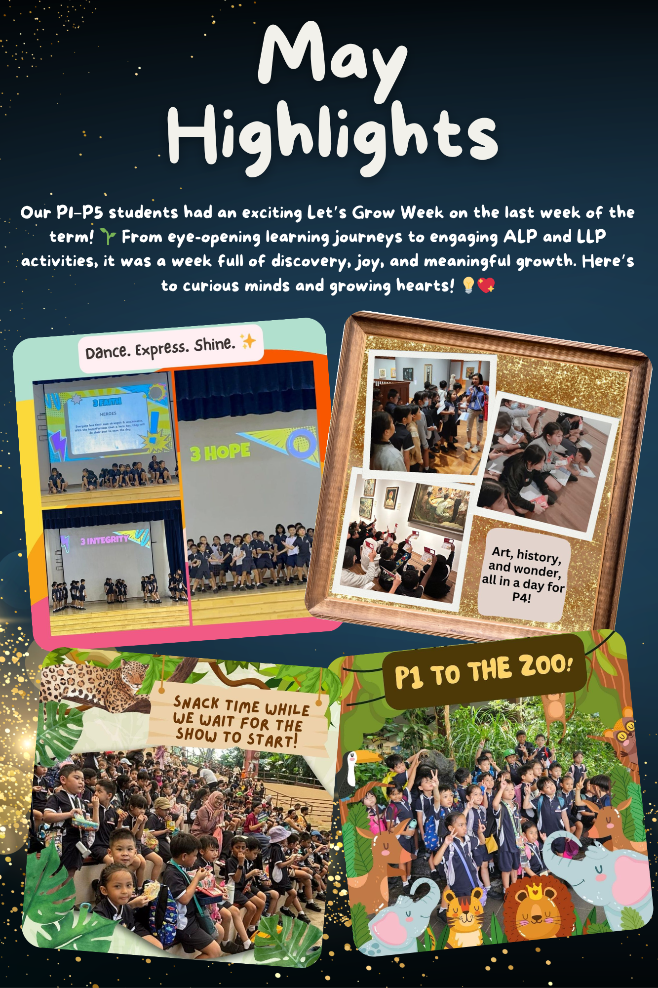 School newsletter titled May Highlights showing student photos from dance performances, a museum visit, and a zoo field trip.