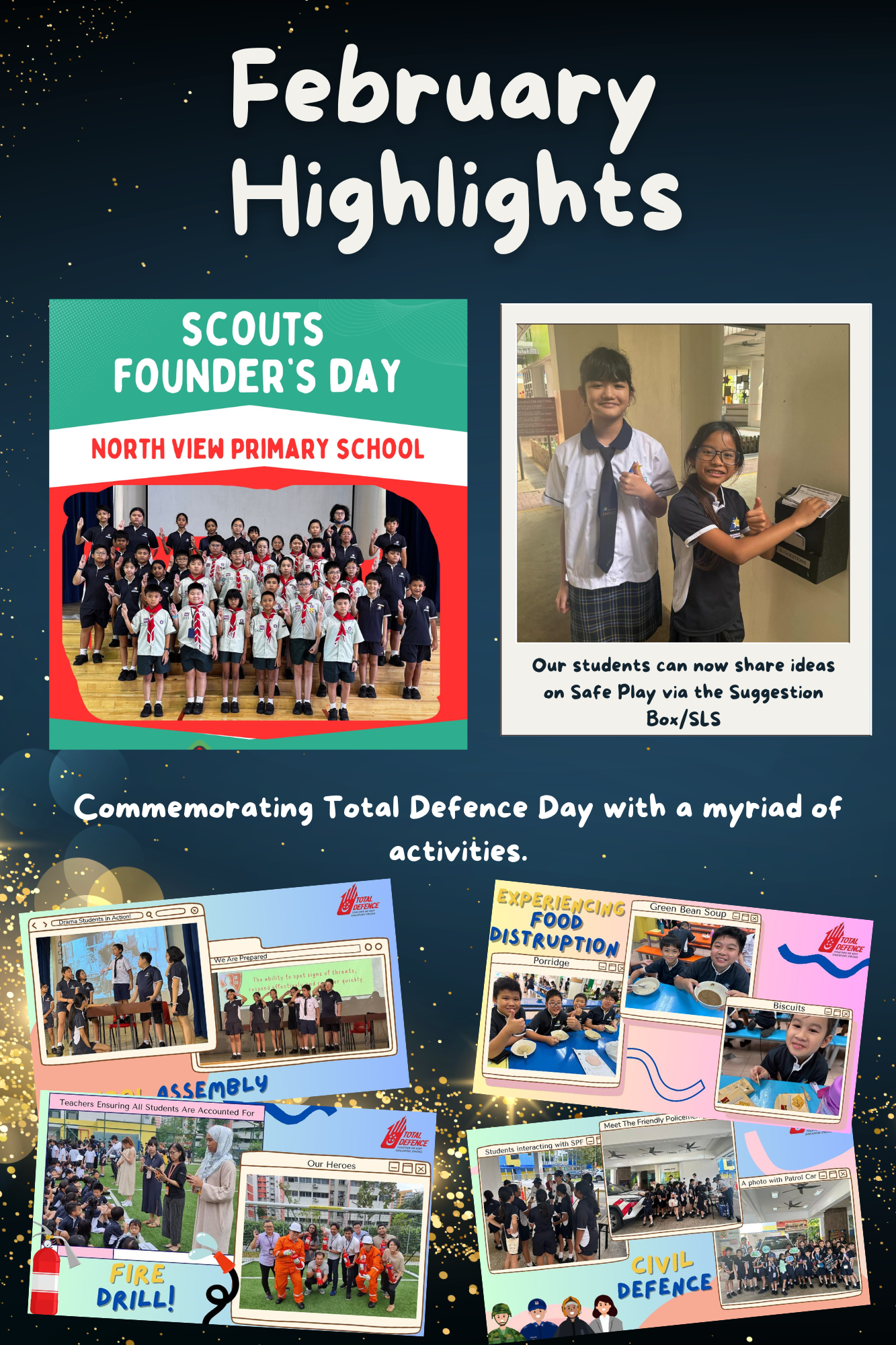 School newsletter titled February Highlights showing Scouts Founder's Day, a suggestion box, and Total Defence Day activities.