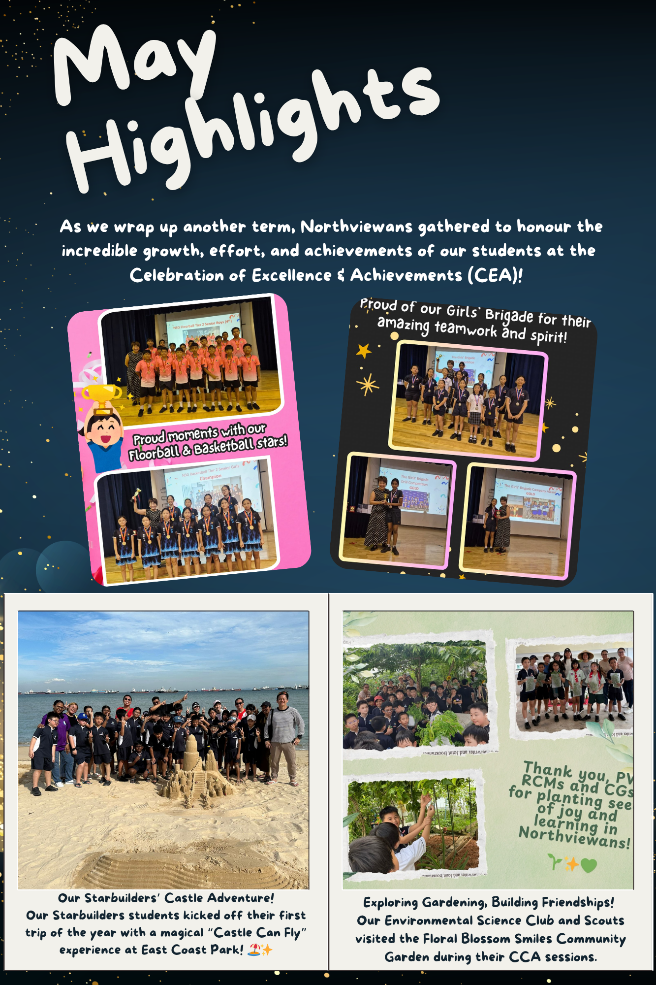 School newsletter titled May Highlights showing students at award ceremonies, a beach trip, and a community garden visit.