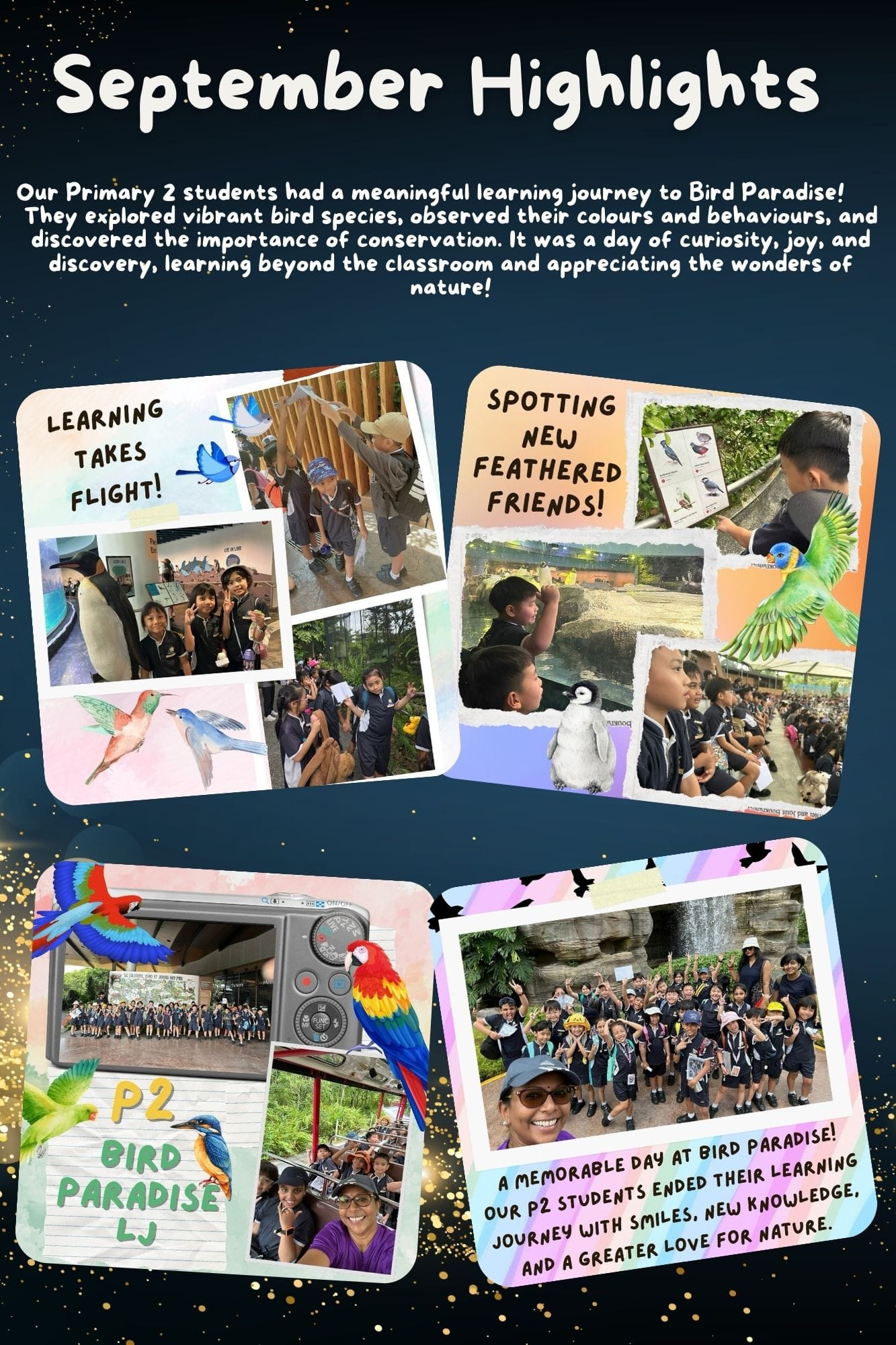 School newsletter titled September Highlights showing Primary 2 students on a field trip to Bird Paradise with birds and group photos.