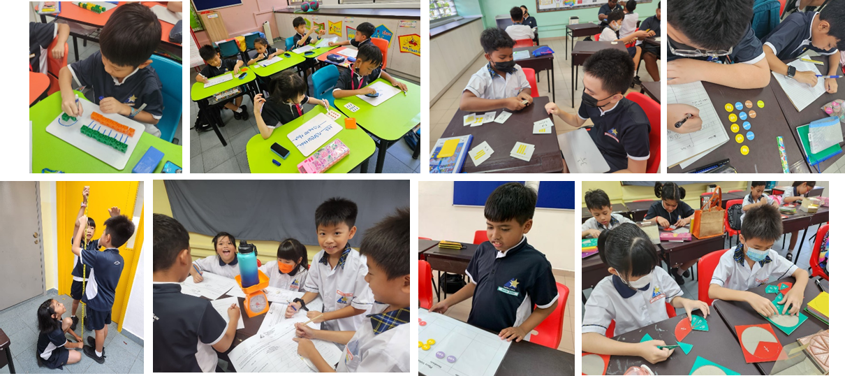Young students in school uniforms engage in various hands-on math activities in a classroom setting.