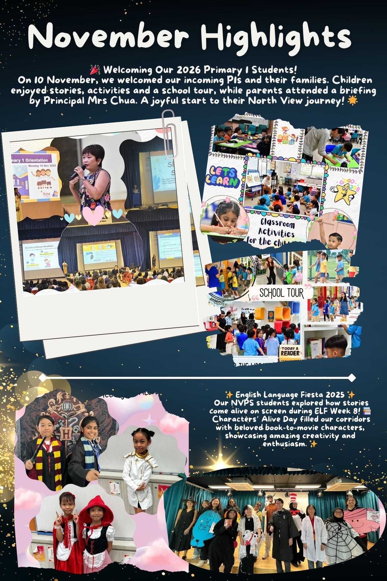 A school newsletter titled November Highlights showing student orientation and children in book character costumes.