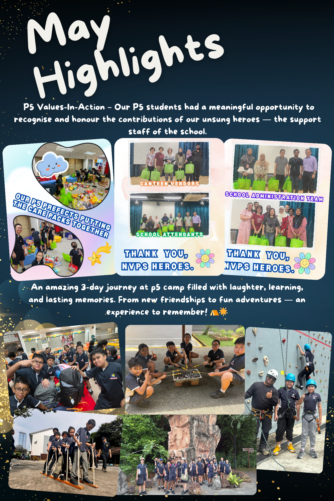 School newsletter titled May Highlights showing students assembling care packs and photos from a 3-day P5 camp.