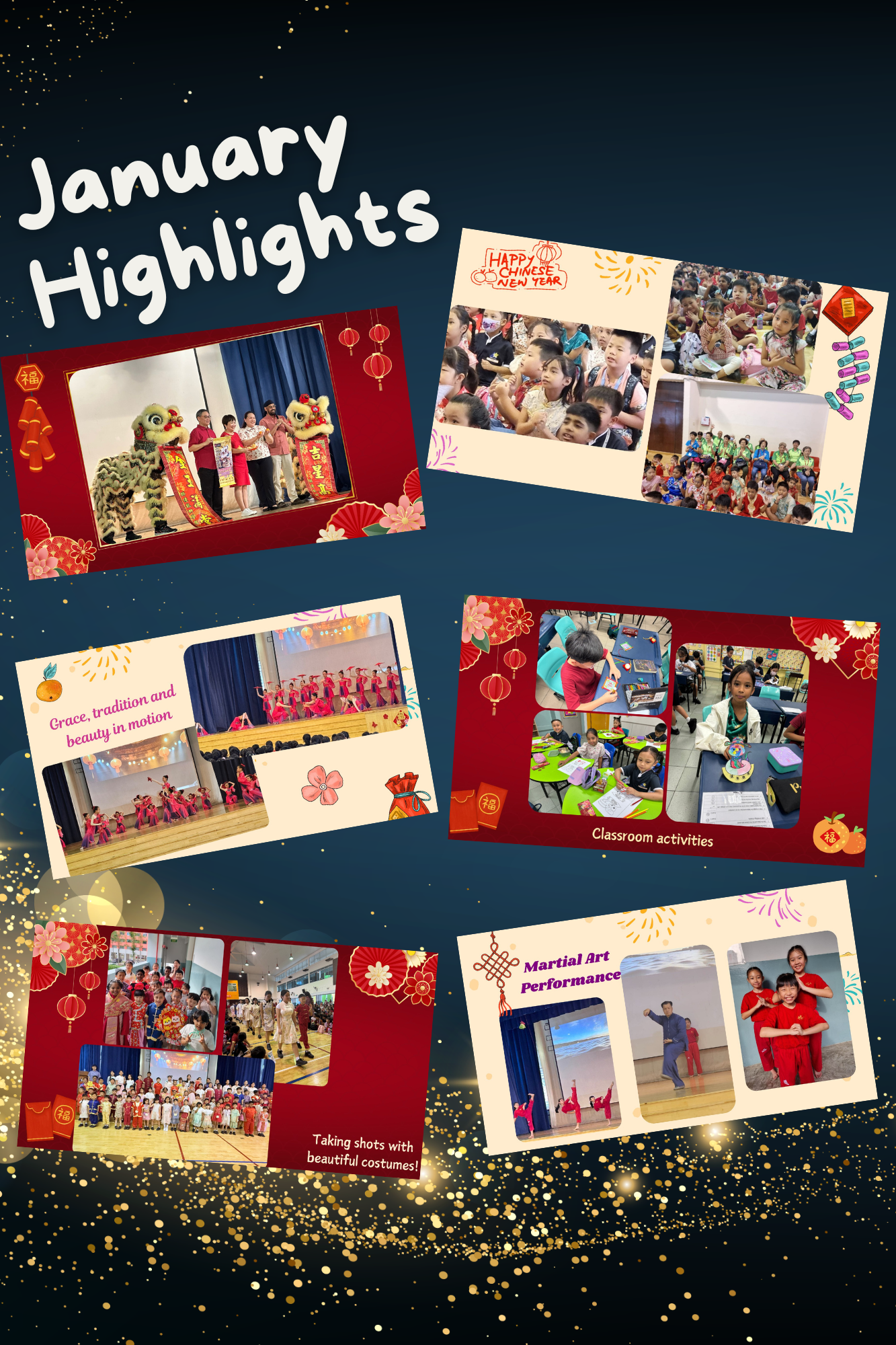 January Highlights collage showing children celebrating Chinese New Year with lion dance, performances, costumes, and classroom activities.