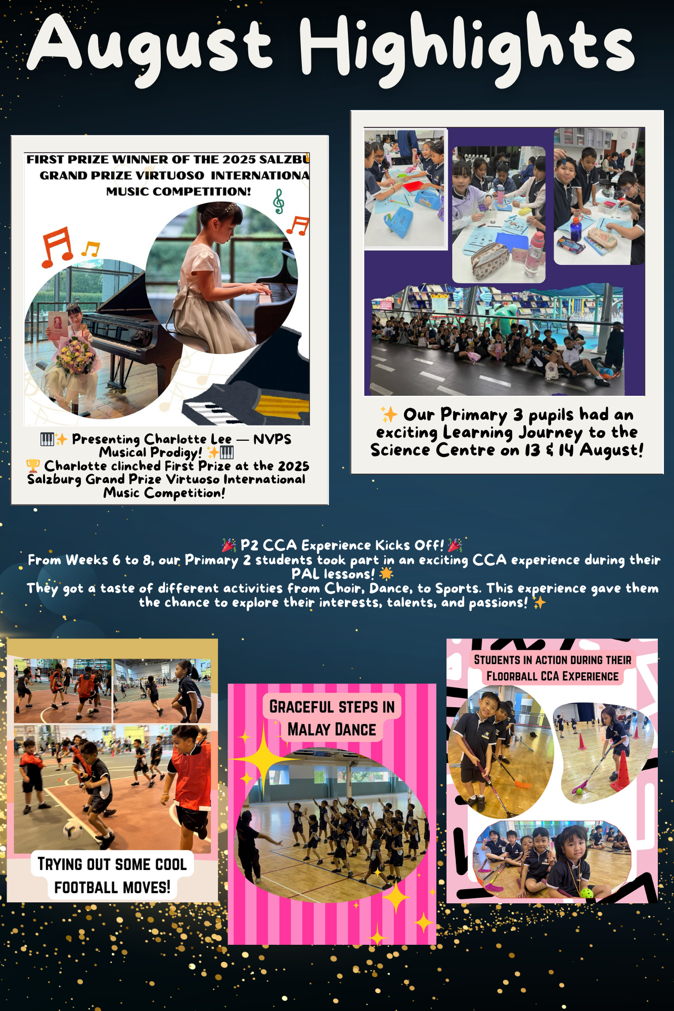 School newsletter titled August Highlights showing student activities including piano competition, Science Centre trip, dance, football, and floorball.