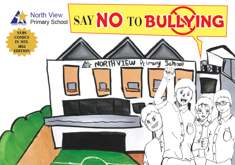 North View Primary School anti-bullying comic cover showing students in front of school building with Say No To Bullying text.