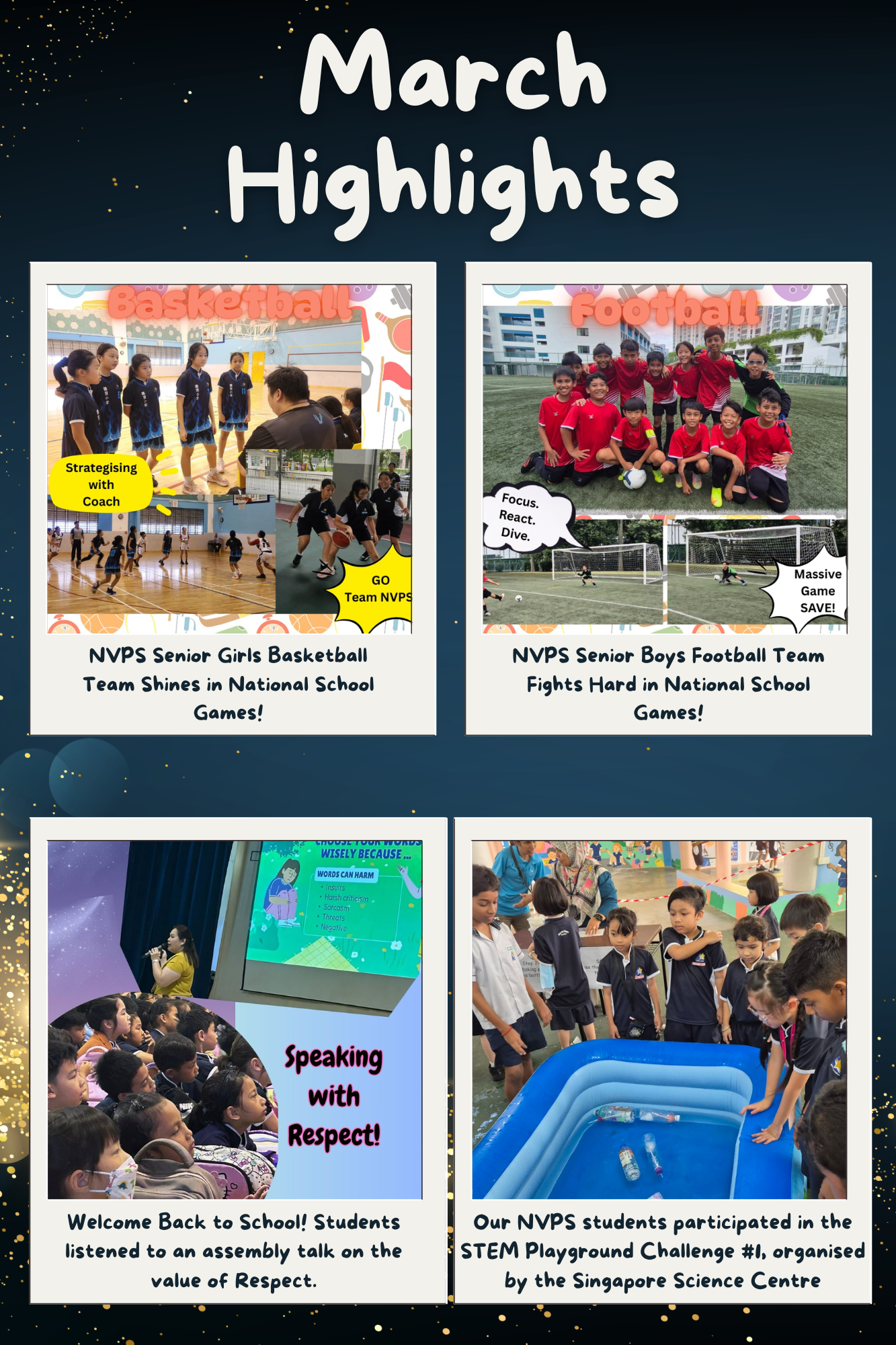 March Highlights poster showing NVPS students in basketball, football, a respect assembly talk, and a STEM water challenge.