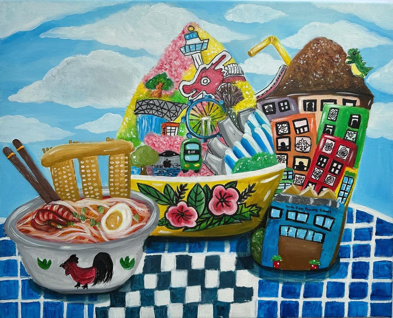 A colourful artwork celebrating Singapore's heritage and culture. The painting features iconic landmarks such as the Merlion, Marina Bay Sands, a trishaw, colourful shophouses, and a dragon playground, alongside local favourites including a bowl of laksa and a decorated bowl. A model of North View Primary School is also included, symbolising the artist's school. Set against a bright blue sky with fluffy clouds, the vibrant collage-style composition reflects a sense of home, community, and Singaporean identity.