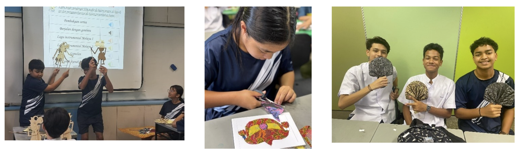 Three photos: students performing wayang kulit puppets, cutting batik crafts, and holding woven fans.