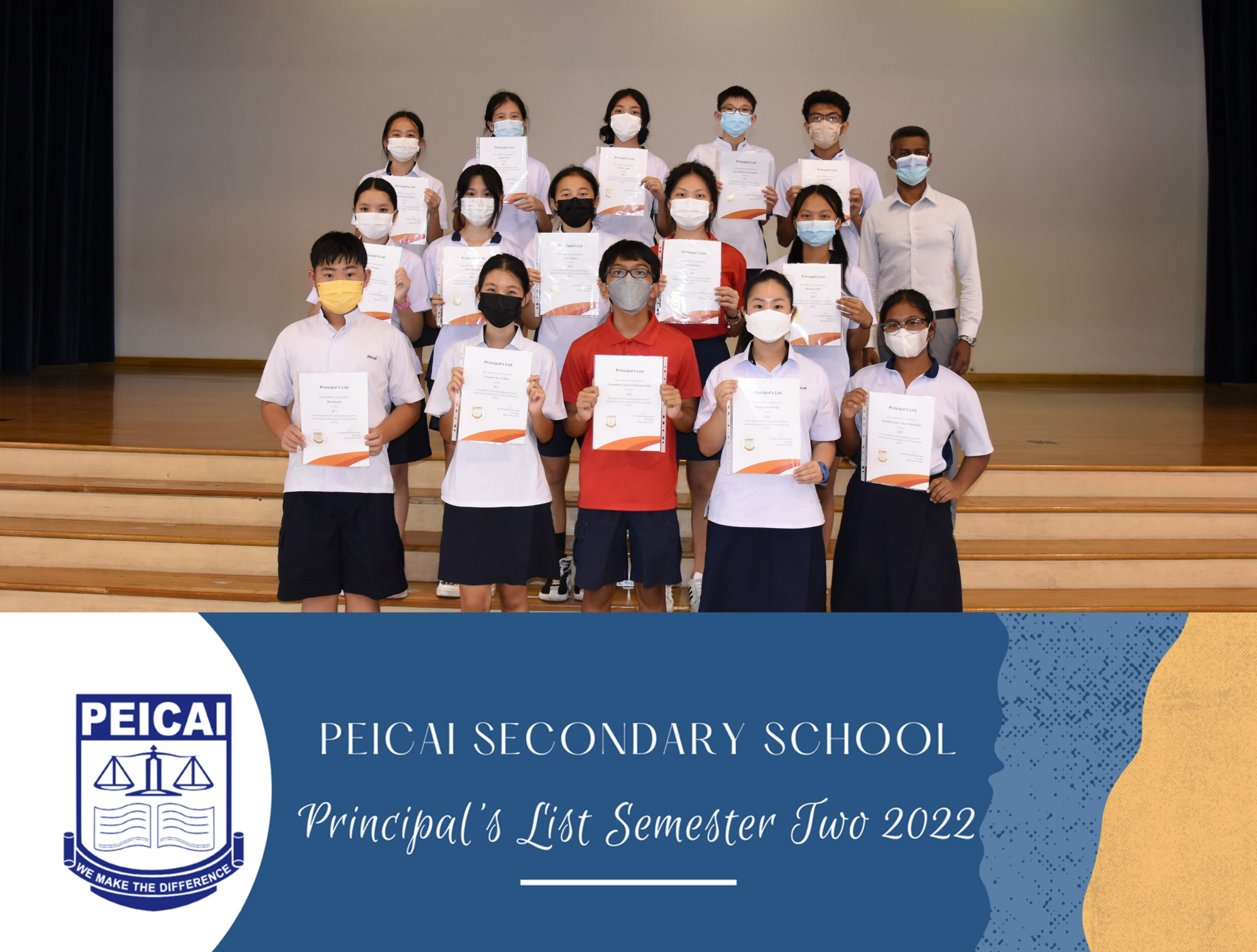 Group of masked students on stage holding certificates; banner reads Peicai Secondary School Principal's List 2022.
