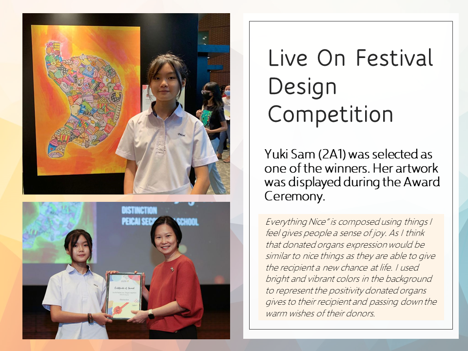Student Yuki Sam stands beside her colorful artwork and receives a certificate from a woman at an award ceremony.