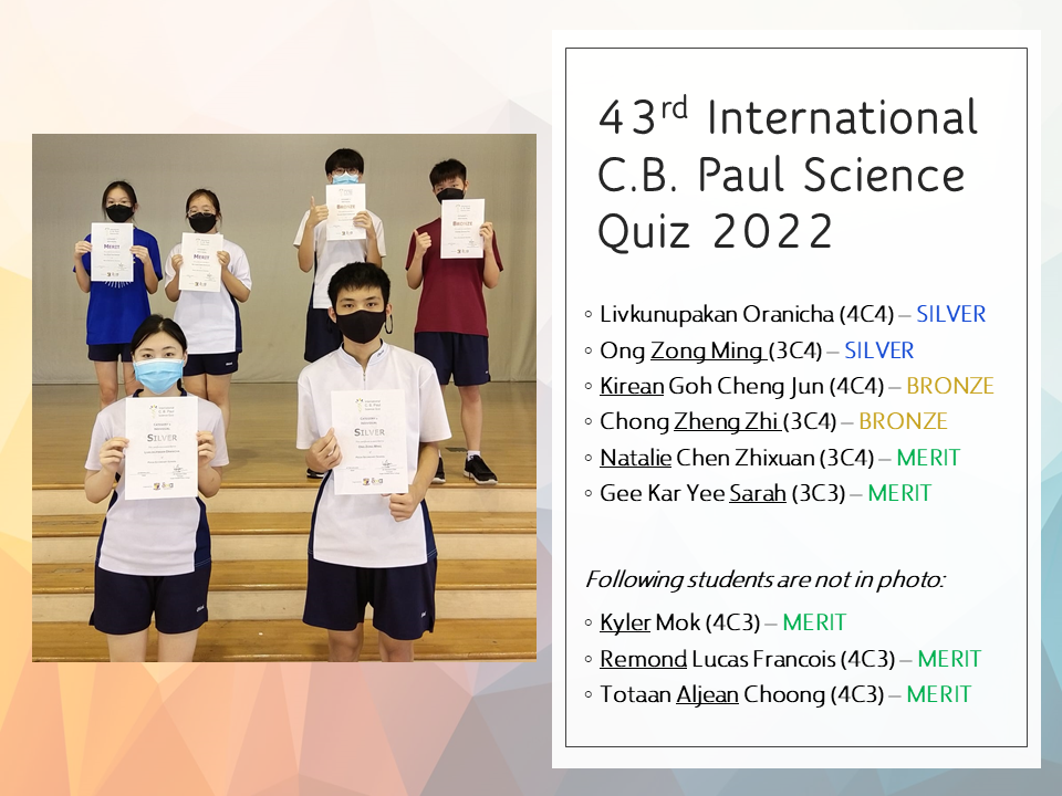 Six masked students holding certificates beside a list of winners for the 43rd International C.B. Paul Science Quiz 2022.