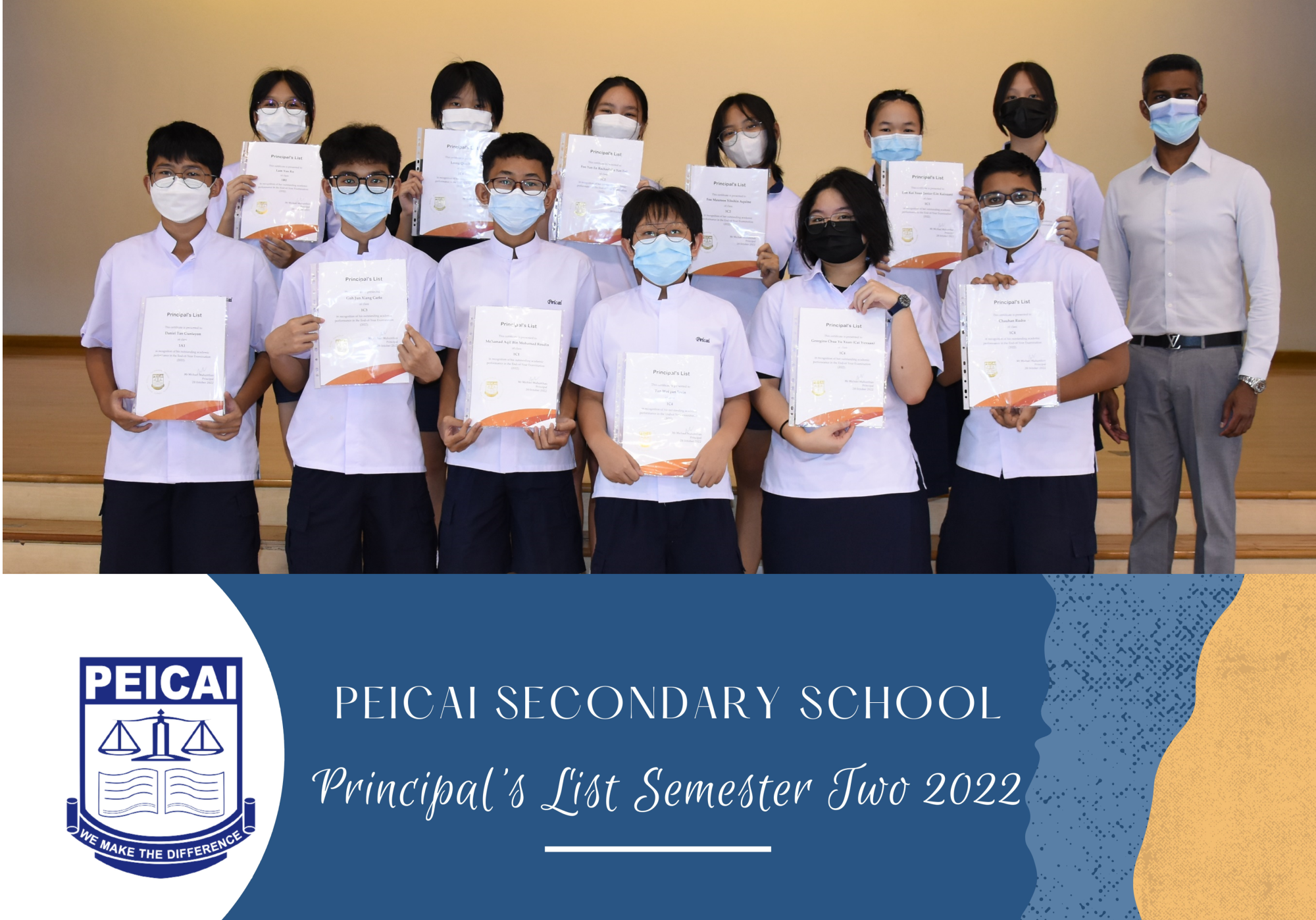 Masked students in uniforms hold certificates on stage; banner reads PEICAI Secondary School Principal’s List 2022.