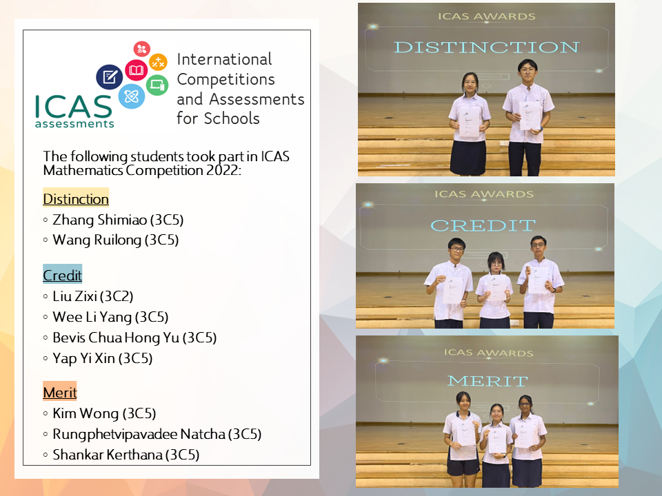 ICAS 2022 Mathematics Competition award winners listed with three photos showing students holding Distinction, Credit, and Merit certificates.