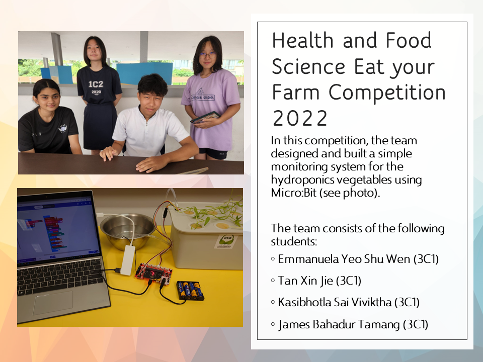 Four students pose together, with a second photo showing a laptop connected to a Micro:Bit hydroponics monitoring setup.