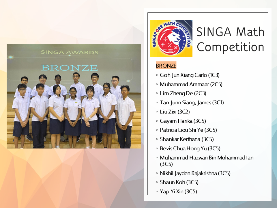 Students posing for SINGA Awards Bronze photo beside a list of Bronze winners for SINGA Math Competition.