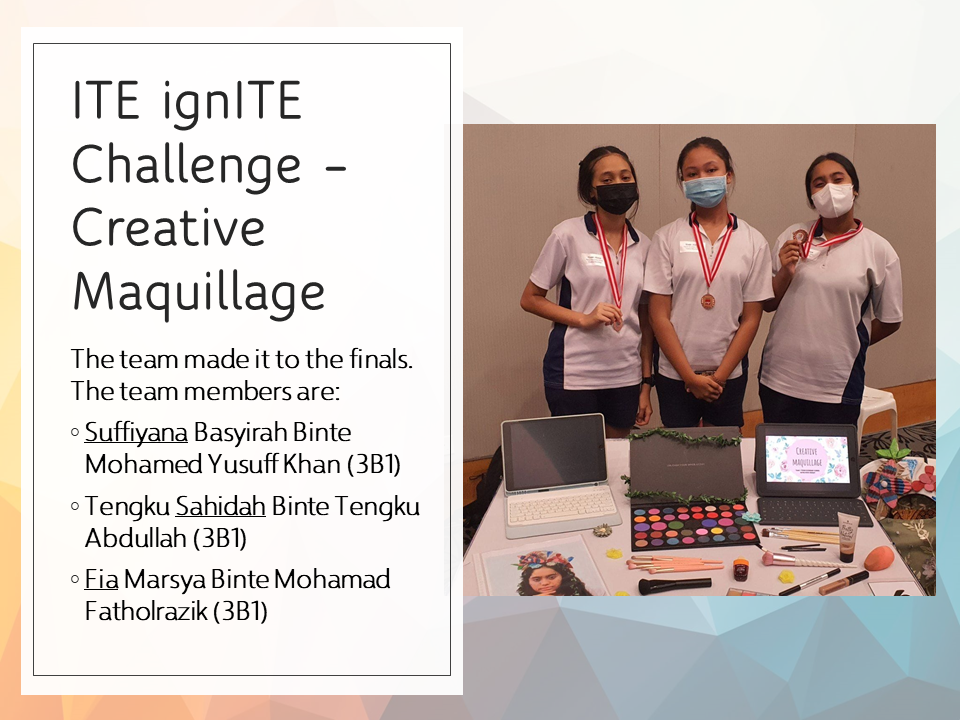 Three masked students wearing medals stand behind a table with makeup supplies and laptops at a Creative Maquillage competition.