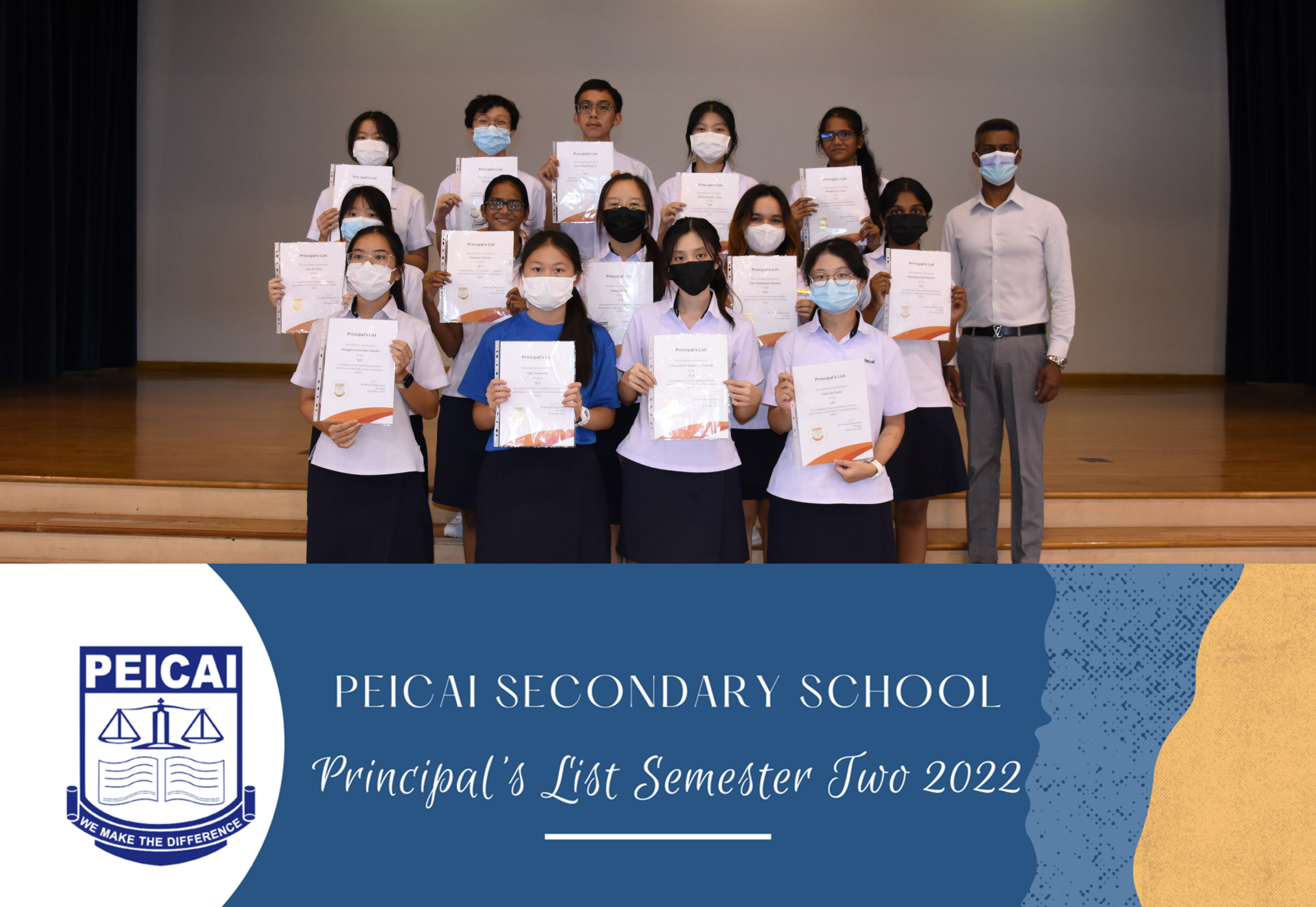 Students in uniform hold certificates on a stage; banner reads PEICAI Secondary School Principal’s List 2022.