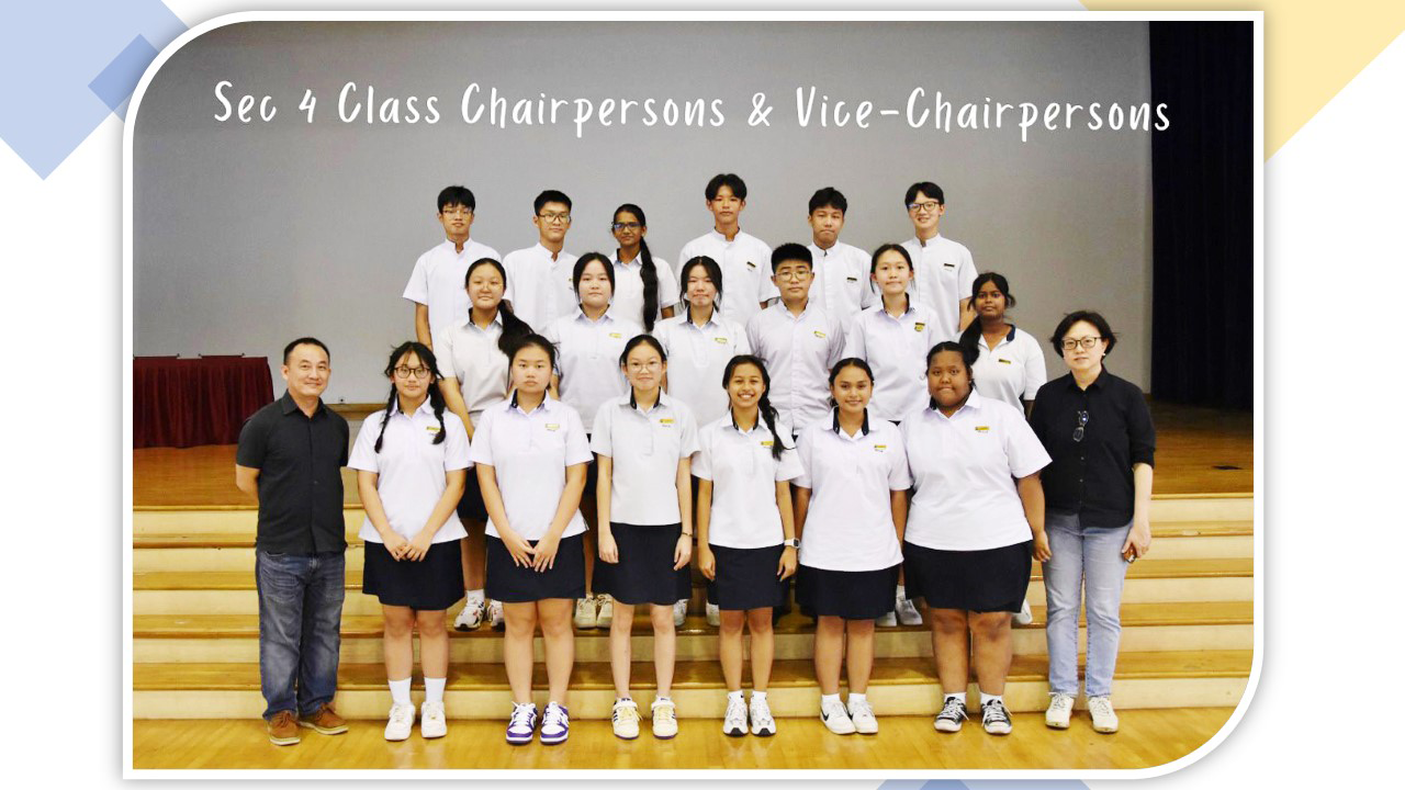 Group photo of Sec 4 Class Chairpersons and Vice-Chairpersons in school uniforms with two adults.