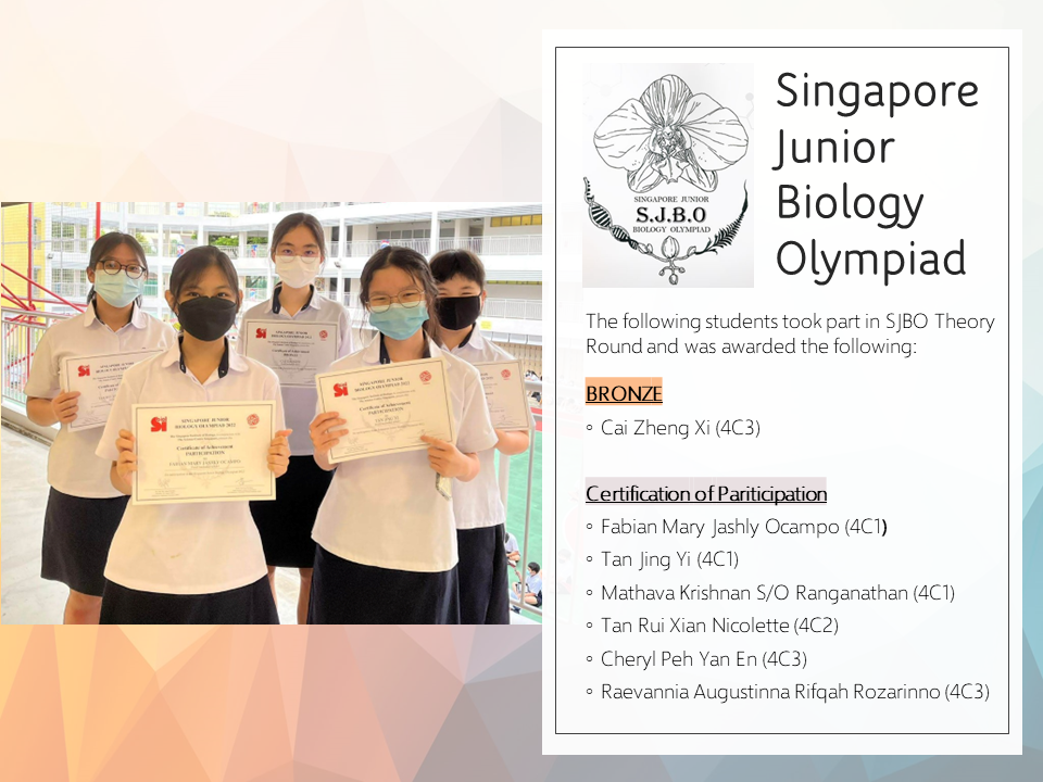 Five masked students holding certificates beside a Singapore Junior Biology Olympiad award announcement listing winners.