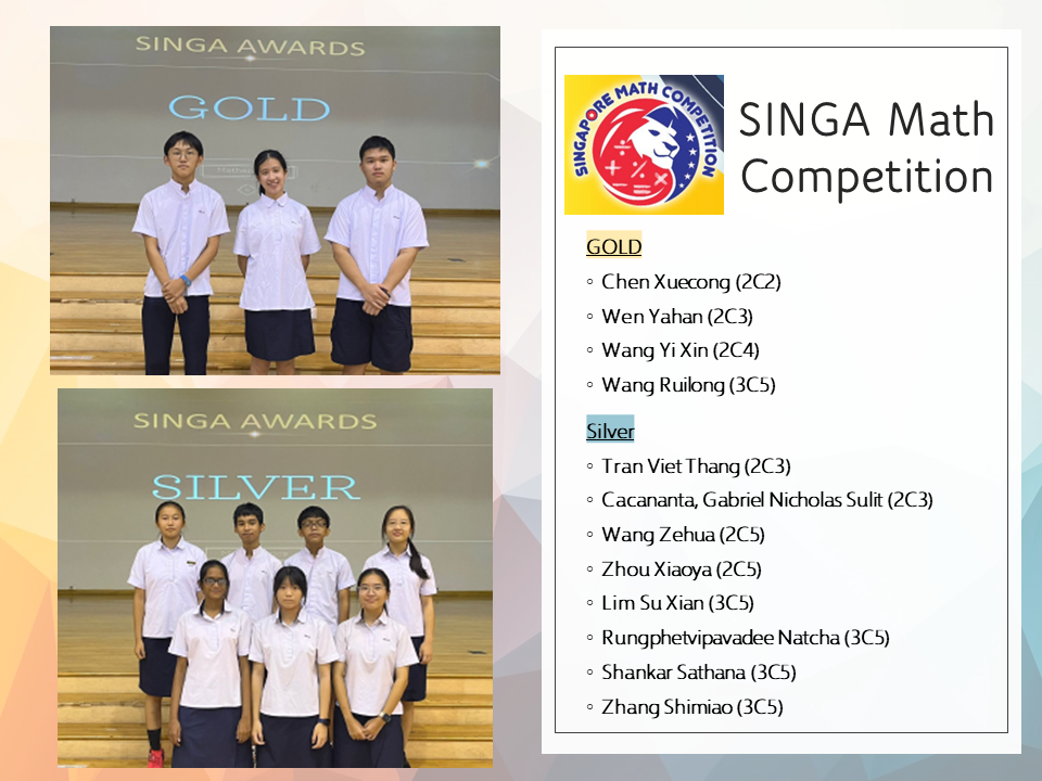 Students posing at SINGA Awards for Gold and Silver, alongside a list of winners from the SINGA Math Competition.