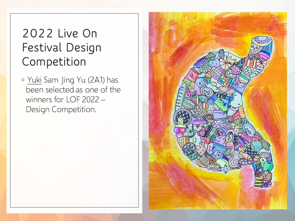 Slide announcing 2022 Live On Festival Design Competition winner, with colorful artwork of a human silhouette filled with small doodles.