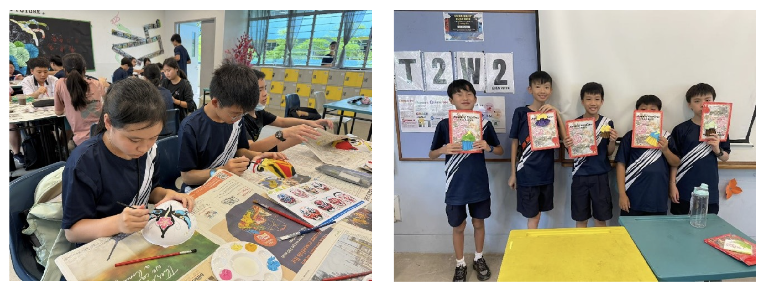 Two photos: students painting Chinese opera masks in class, and five students holding illustrated 'T2W2' cards.