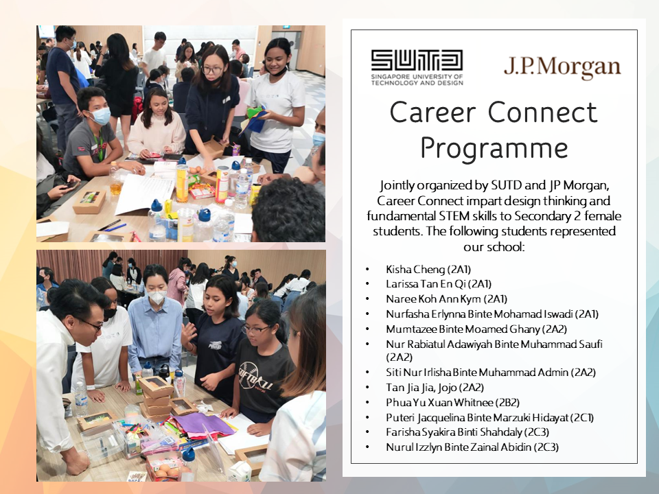 Students collaborate at tables during the SUTD and J.P. Morgan Career Connect Programme for Secondary 2 female students.