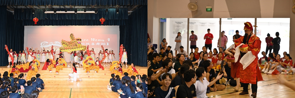 Two photos: a dragon and lion dance on a school stage, and a God of Fortune performer greeting seated students.