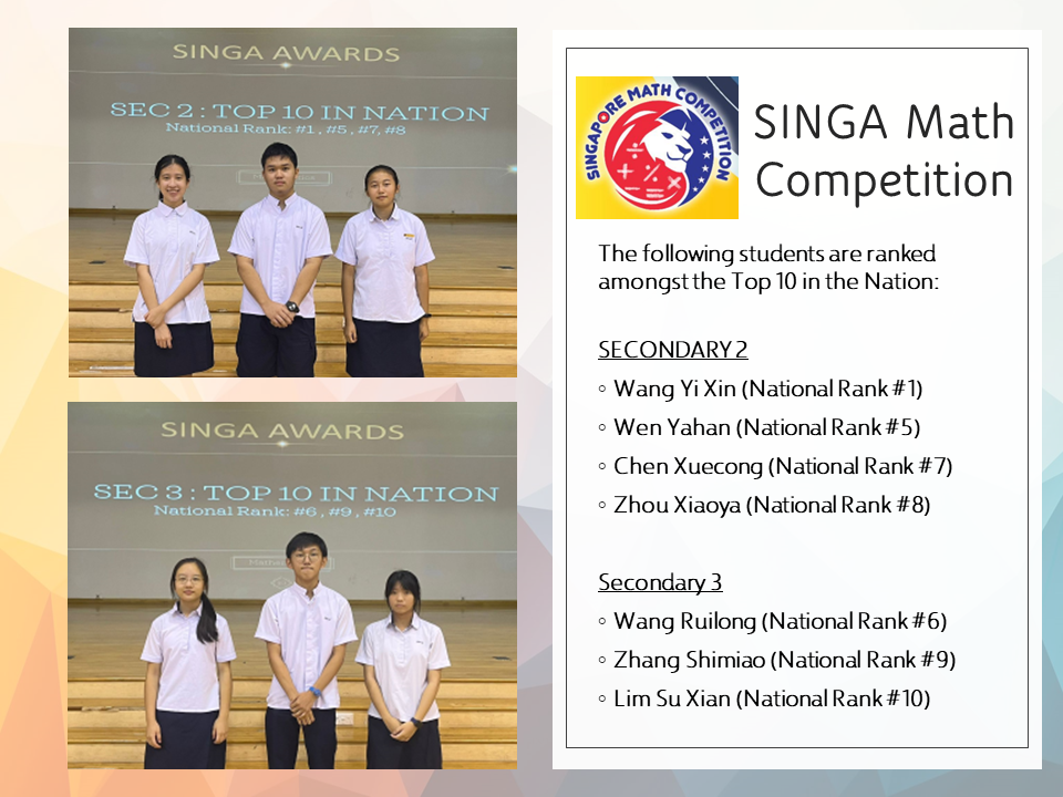 Seven students pose in two group photos under Singa Awards signs, beside a list of Top 10 national math competition rankings.