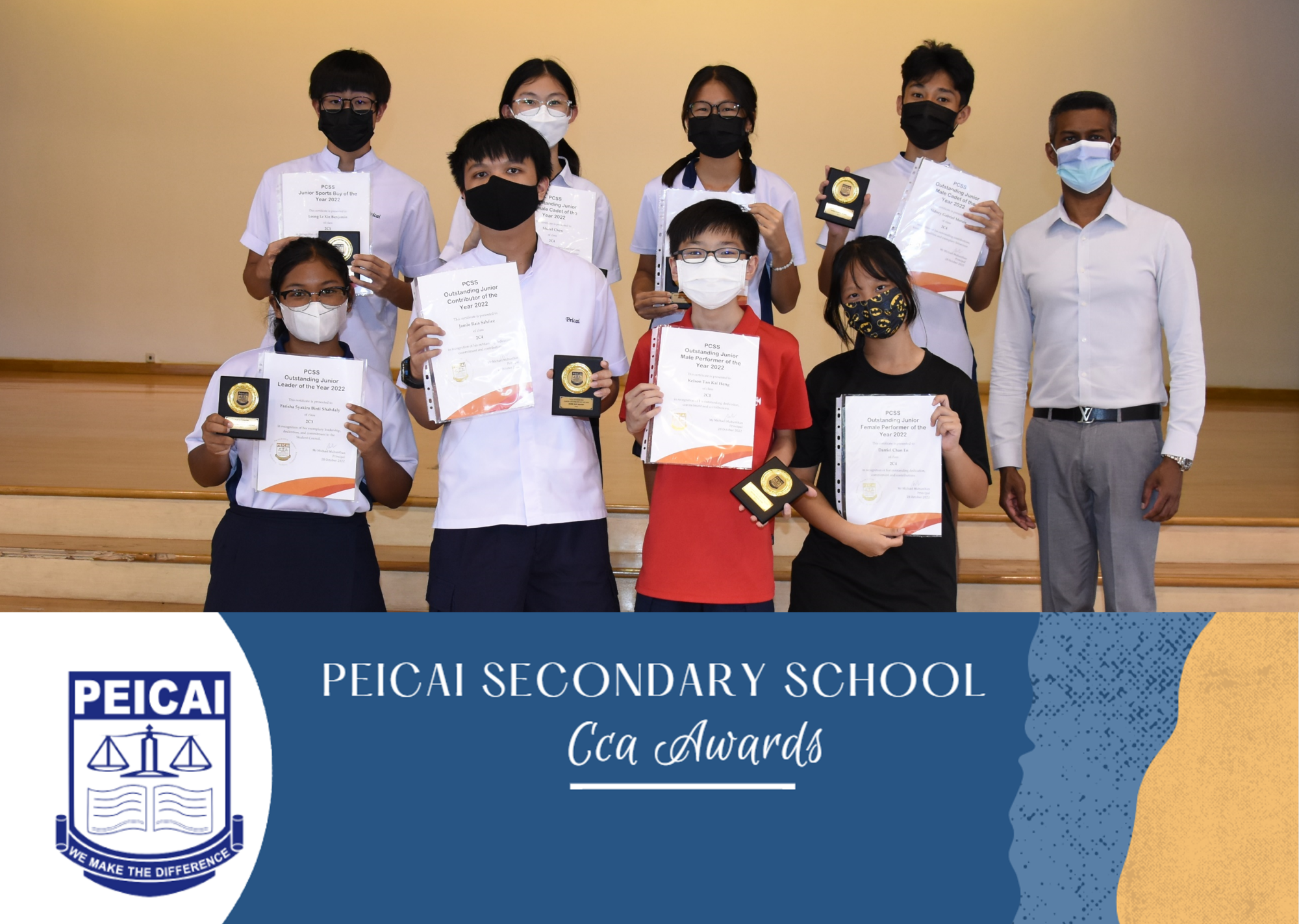 Eight masked students hold certificates and plaques beside a man; banner reads Peicai Secondary School Cca Awards.