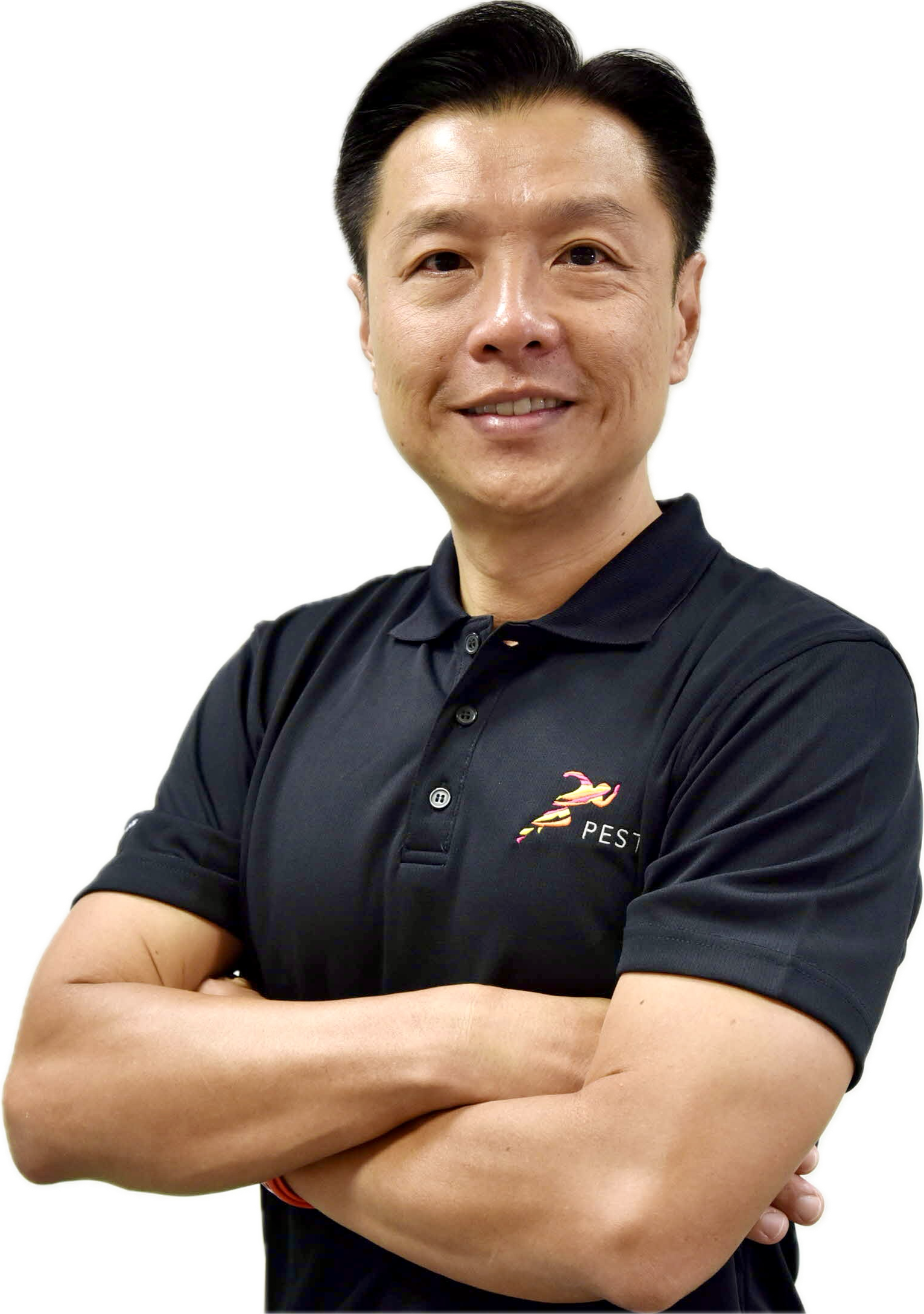 Man smiling with arms crossed, wearing a black polo shirt with a small pest control company logo.