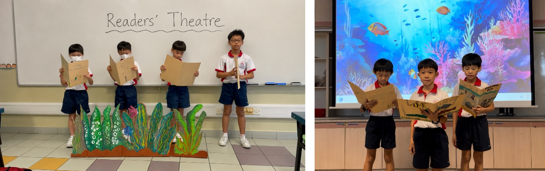 Two photographs showing Primary 3 students performing Readers' Theatre, reading their scripts expressively and bringing story characters to life through voice and collaboration.