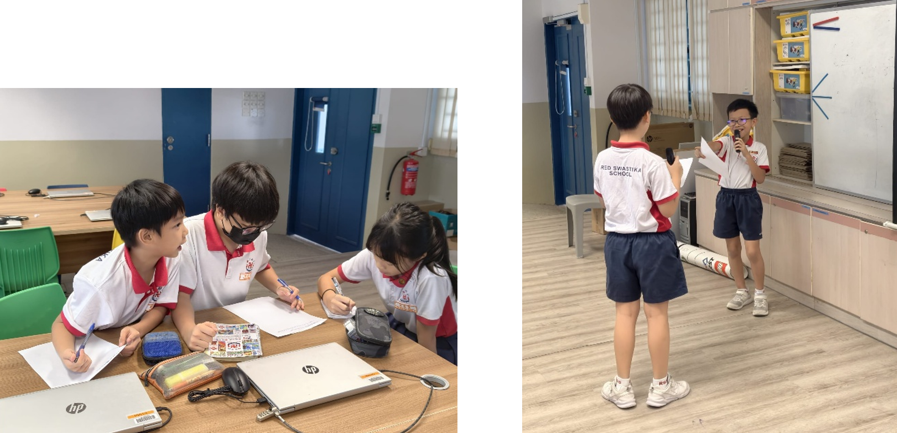 1st image: 3 students discussing at a table. 2nd image: 2 students acting out a scene.