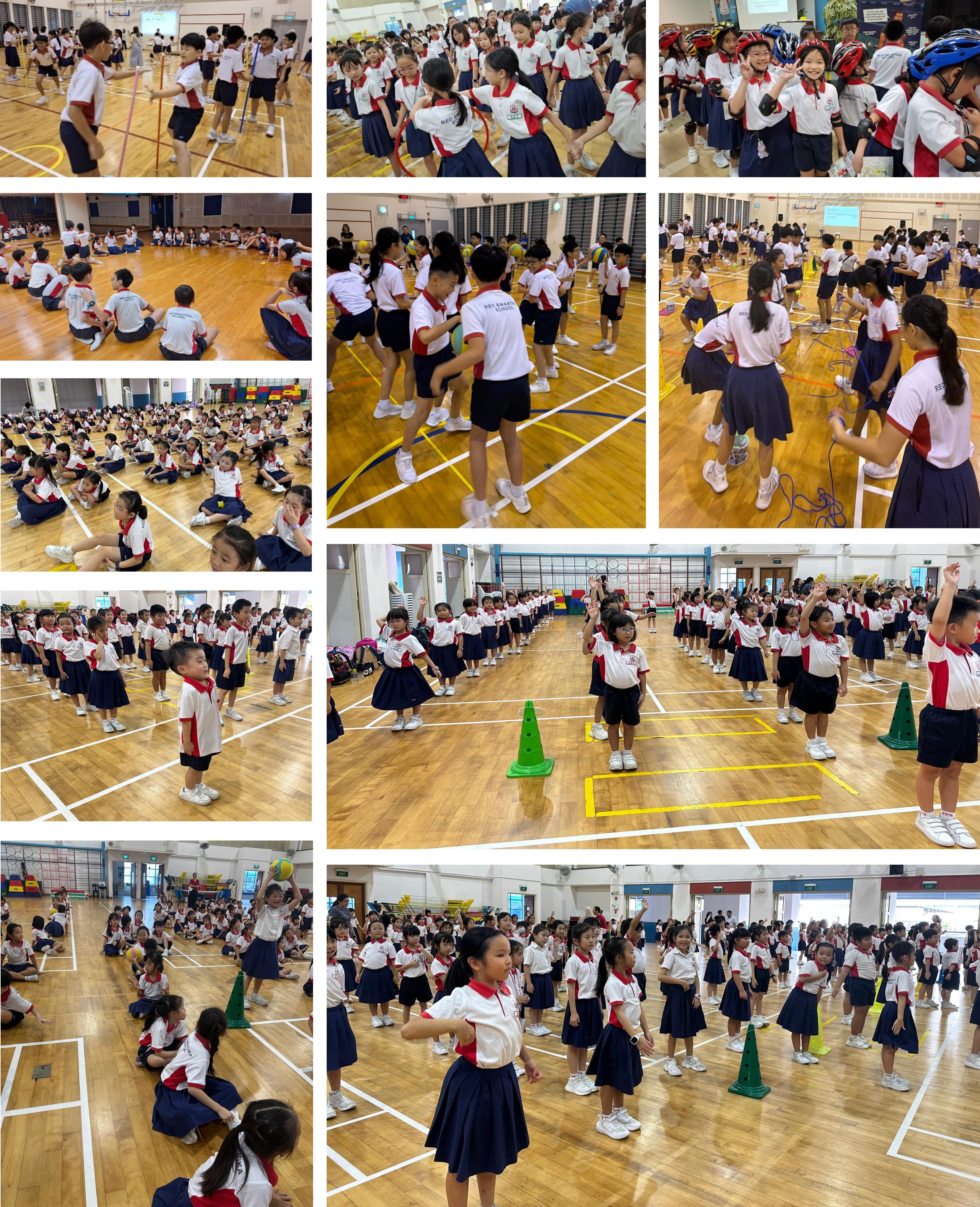 This is a collage of photographs showing a lively primary school activity session held in an indoor school hall. Across the collage: • Several groups of students are working together in games using ropes, hoops, and floor markers. In one activity, pairs of children carefully step over or around ropes laid out on the floor, concentrating as they coordinate their movements. • Other groups are standing in circles, talking, planning, and encouraging one another before beginning the next challenge. • One large photo shows children balancing and moving together while linked as partners, suggesting an activity that requires teamwork, communication, and trust. • Another activity involves hoops and cones placed around the hall, with students navigating the course while classmates watch and support them. • In one image, students are seated in a large circle on the floor, listening attentively during a briefing or reflection session. Throughout the collage, the children appear engaged, enthusiastic, and supportive of one another. Many are smiling, laughing, or focused on solving challenges together. Teachers can be seen moving among the groups, facilitating activities and ensuring everyone participates safely. Overall, the collage conveys a vibrant school programme centred on teamwork, resilience, communication, physical activity, and building friendships through fun, hands-on experiences.