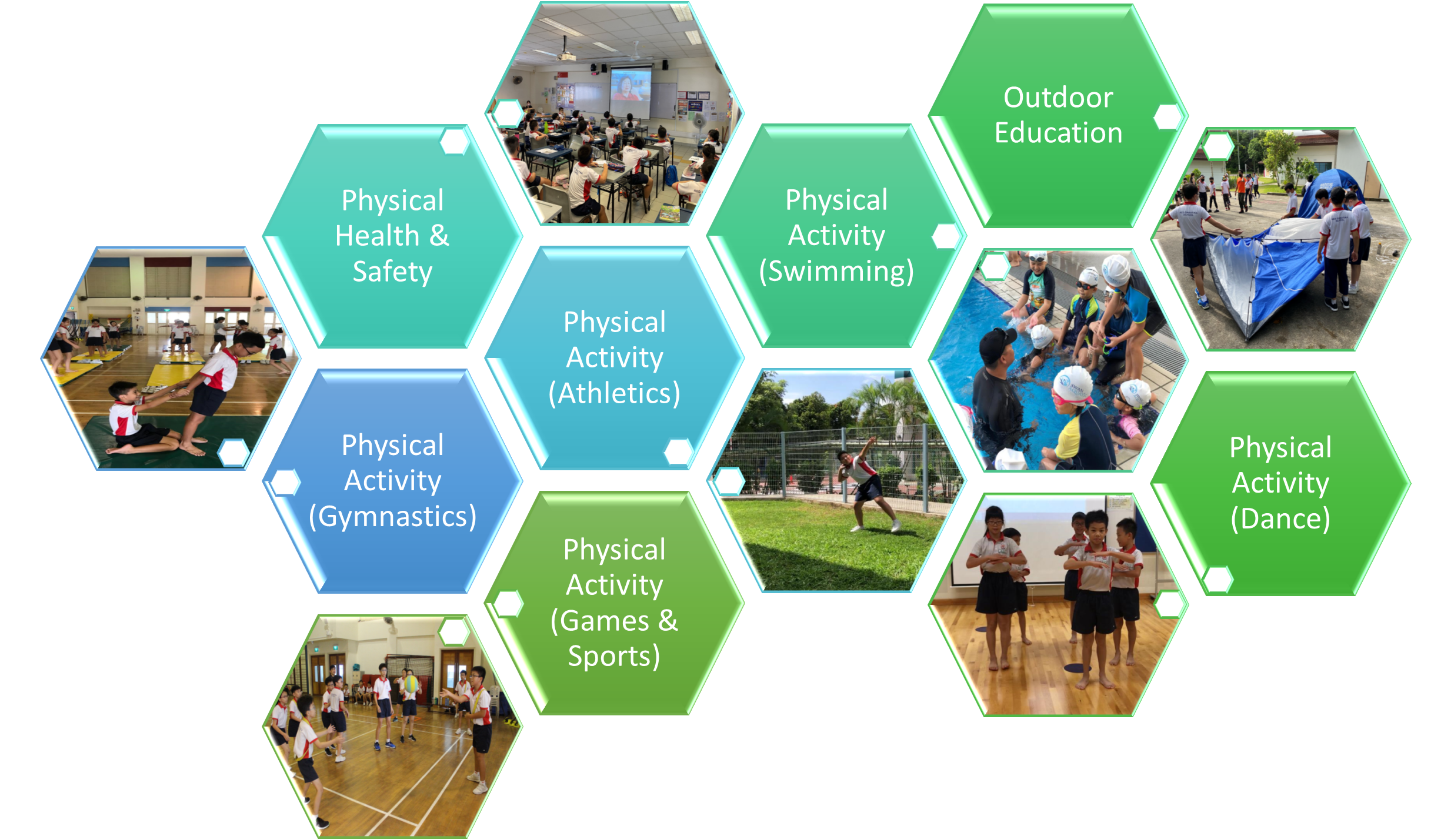 Hexagonal grid showing school PE program categories including gymnastics, swimming, dance, athletics, and outdoor education with student photos.