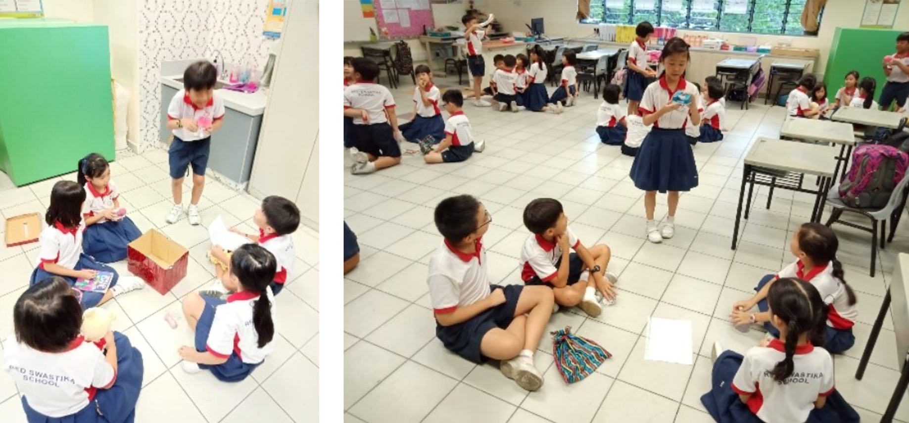 Two photographs showing Primary 1 & 2 students participating in a Pick and Tell activity, presenting selected items and sharing their ideas confidently with classmates in small groups.