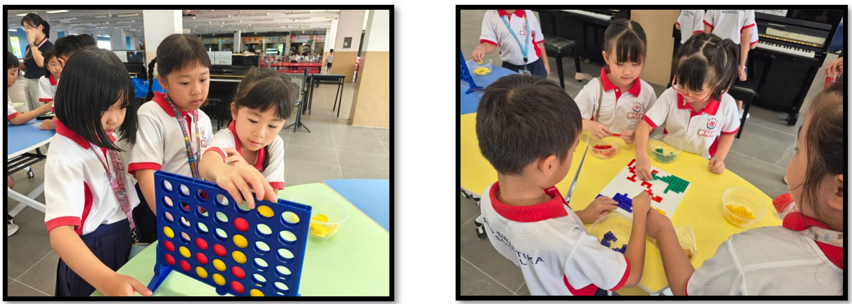Young students in white and red uniforms play Connect Four and build with colorful blocks at tables.