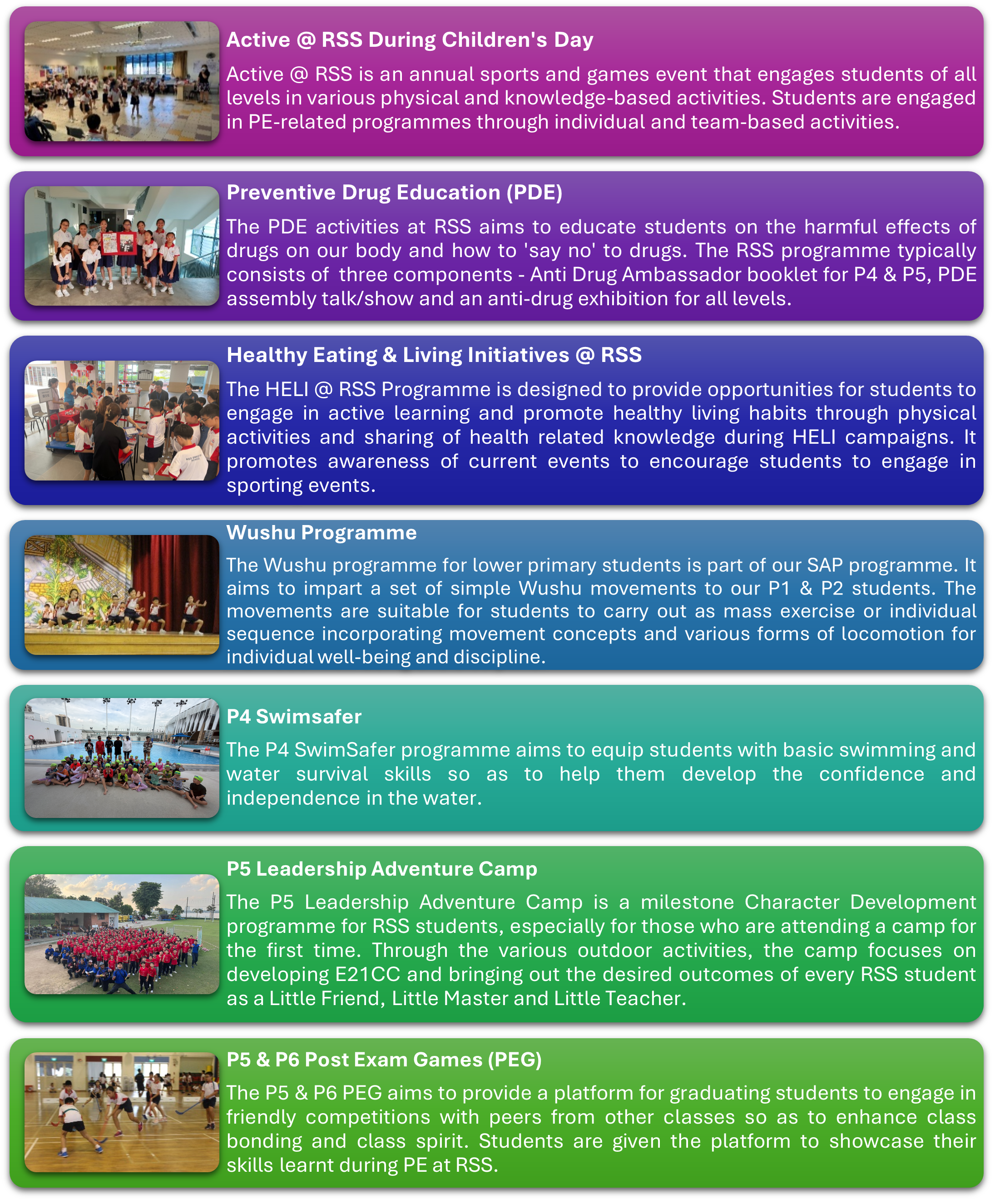 Colorful infographic listing seven school programs including sports, drug education, swimming, and camp activities.