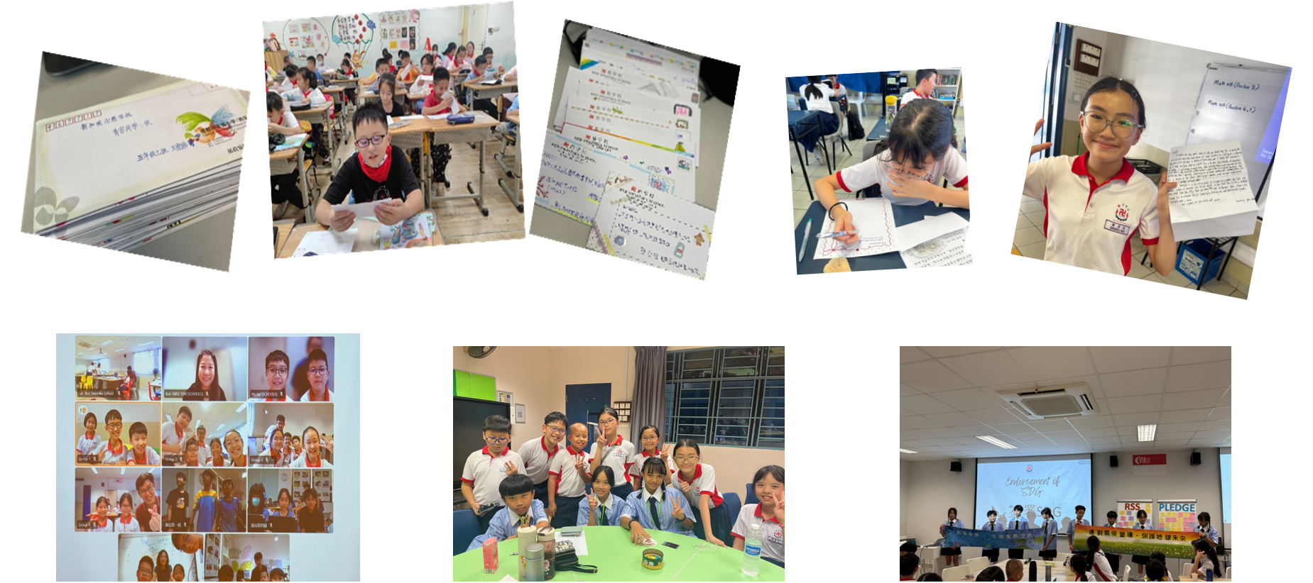 1st image: Letters received from students at Chengdu Experimental School, China. 2nd image: Students at Chengdu Experimental School reading letters from our students. 3rd image: Pen pal letters written by our students for students at Chengdu Experimental School. 4th image: A student writing a letter to her pen pal at Chengdu Experimental School. 5th image: A student proudly showing the letter she received from her pen pal at Chengdu Experimental School. 6th image: Students interacting with friends from overseas schools through an online platform. 7th image: Students posing for a group photo with their new friends from Taiwan Fushan Primary School during their visit to RSS. 8th image: Students from Fushan Primary School sharing their Sustainable Development Goals (SDG) initiatives.