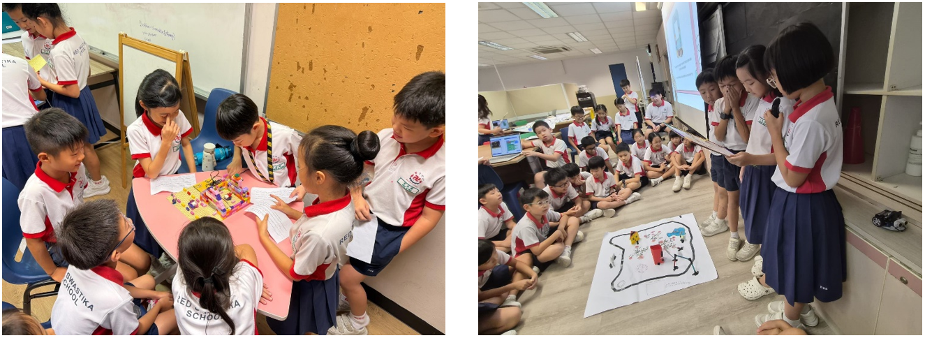 Young students in white and red uniforms work on robotics projects, one group at a table, another presenting to seated peers.