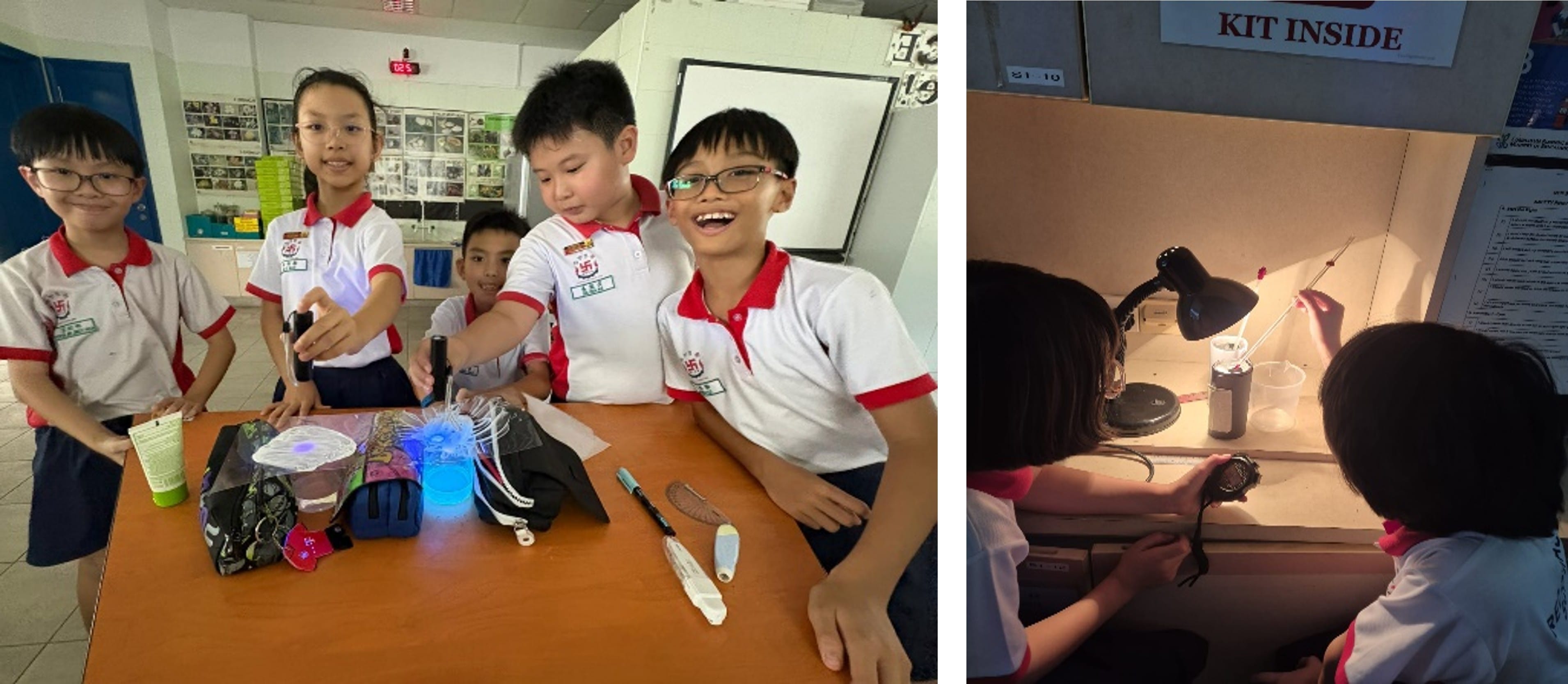 1st image: 5 students using UV light on a few items on a table. 2nd image: 2 students using a stopwatch to time the rise in temperature in a thermometer.