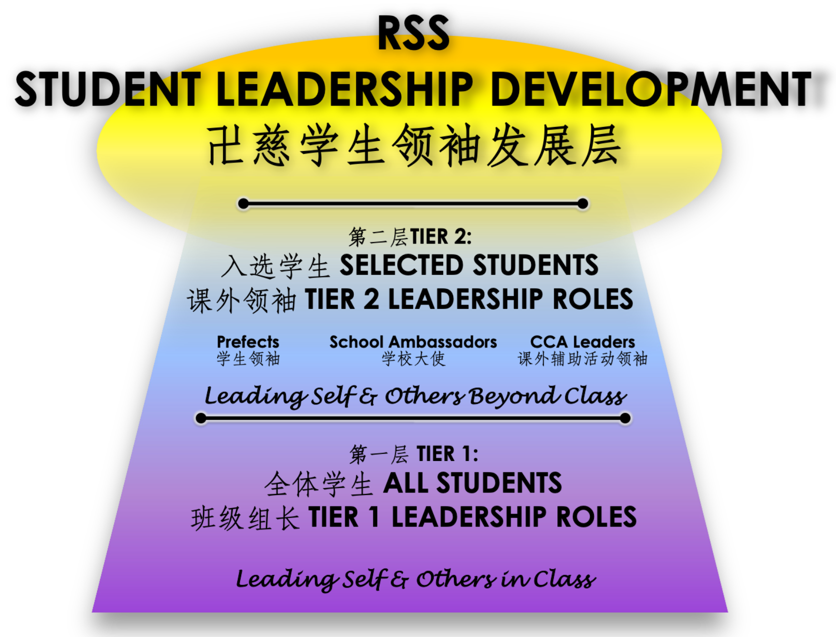 The LLP activities are focused on the three key components of the CIS (Character, Innovation and Service) Leadership Framework. RSS believes that Every RSS Student is a Leader. RSS students develop their leadership in 2 Tiers: Tier 1 Leaders – All students (Tier 1 Leadership Roles) and Tier 2 Leaders – Selected Students (CCA Leaders, Prefects, School Ambassadors).