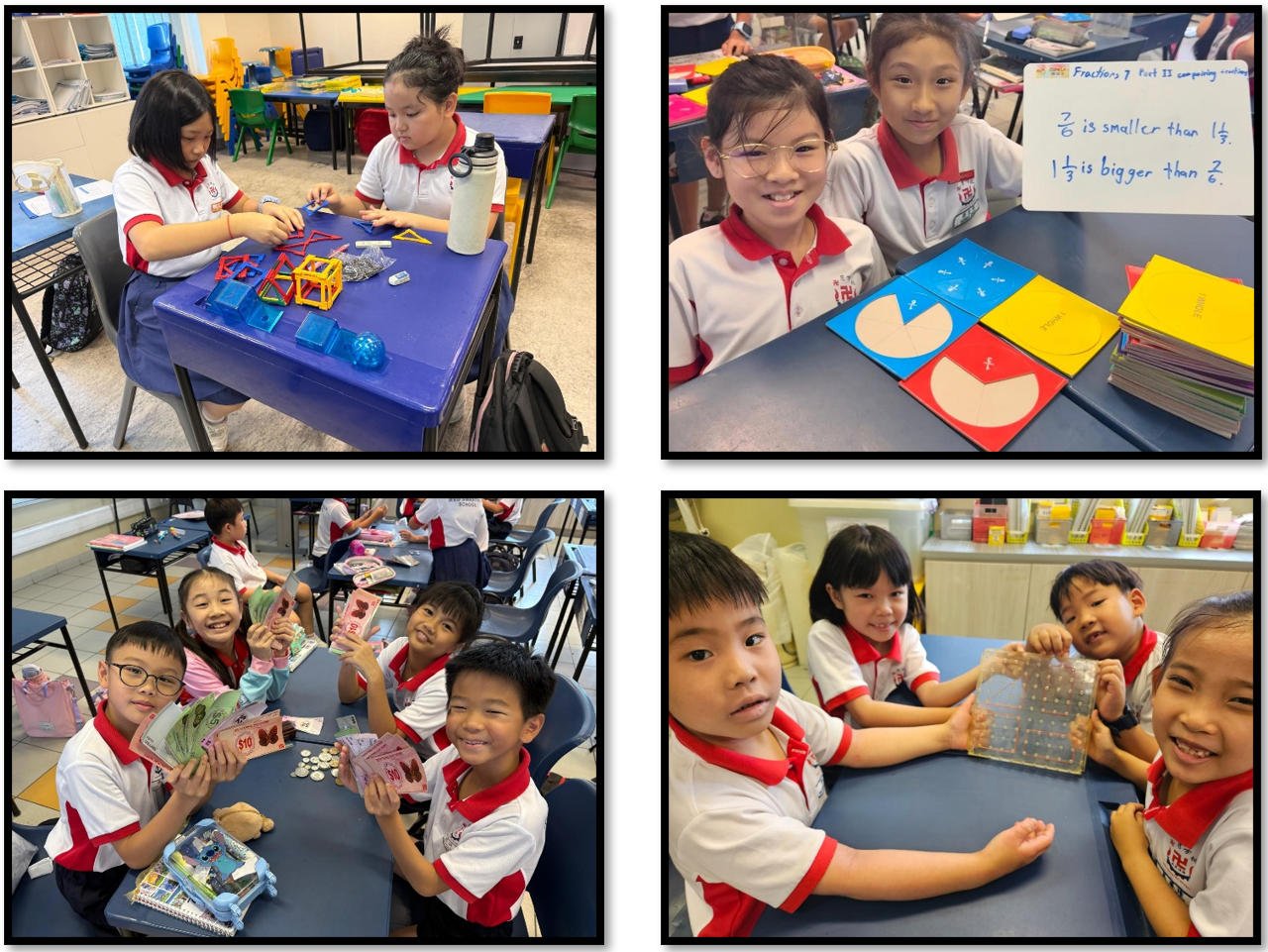 Four classroom scenes showing young students in uniforms doing hands-on math activities with shapes, fractions, money, and a grid board.