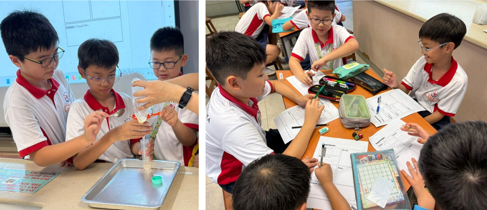 1st image: 3 students pouring mashed fruit into a sieve. 2nd image: 5 students discussing together at a table.