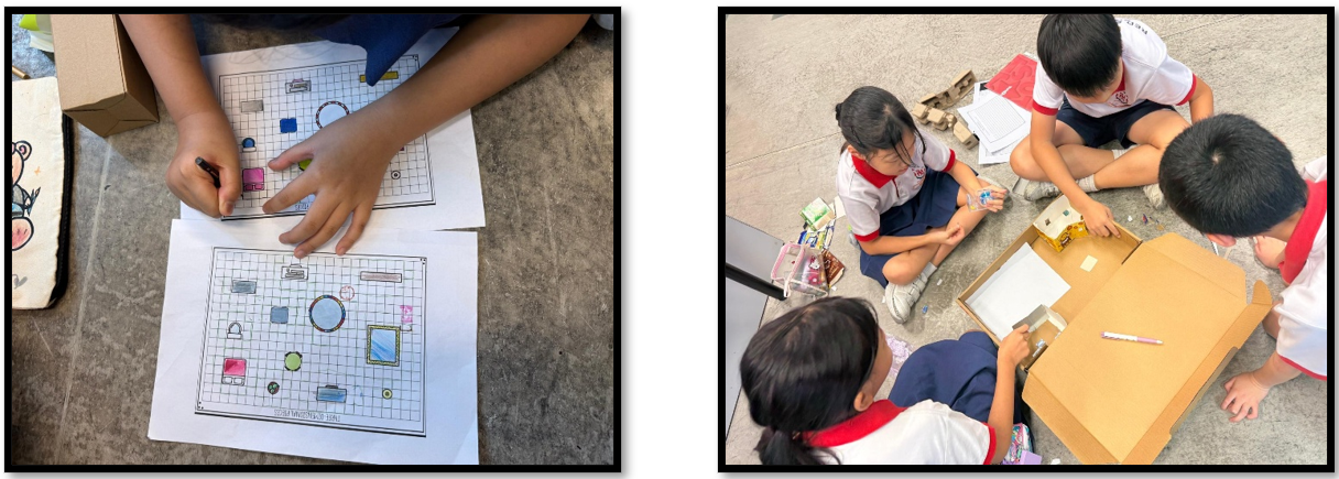 Children working on grid-based map drawings on paper and a group of students sitting on the floor with cardboard and small objects.